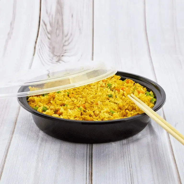 150ct – 48oz  Black Food Containers with Lids | Round Plastic, Leak-Resistant, Microwave & Freezer Safe