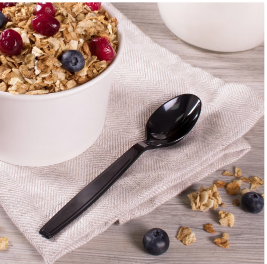 1000ct – 6" Black Plastic Teaspoons | Medium-Weight, Disposable Cutlery for Cafés, Catering & Takeout
