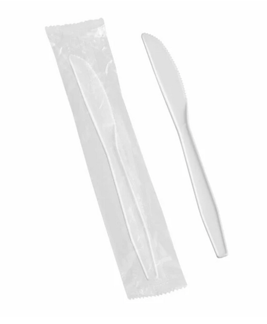 1000ct – Individually Wrapped White Plastic Knives | Medium-Weight, Sanitary Disposable Cutlery for Takeout & Catering